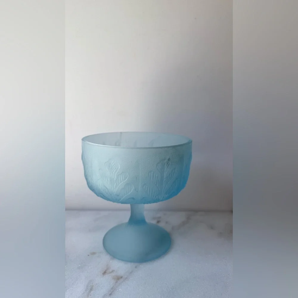 Blue Frosted Glass Compote with Leaf Relief